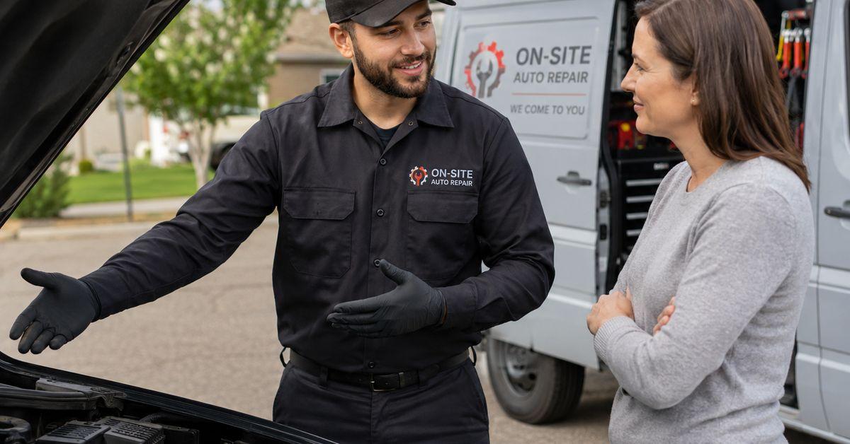 A mobile mechanic explaining a repair to a customer