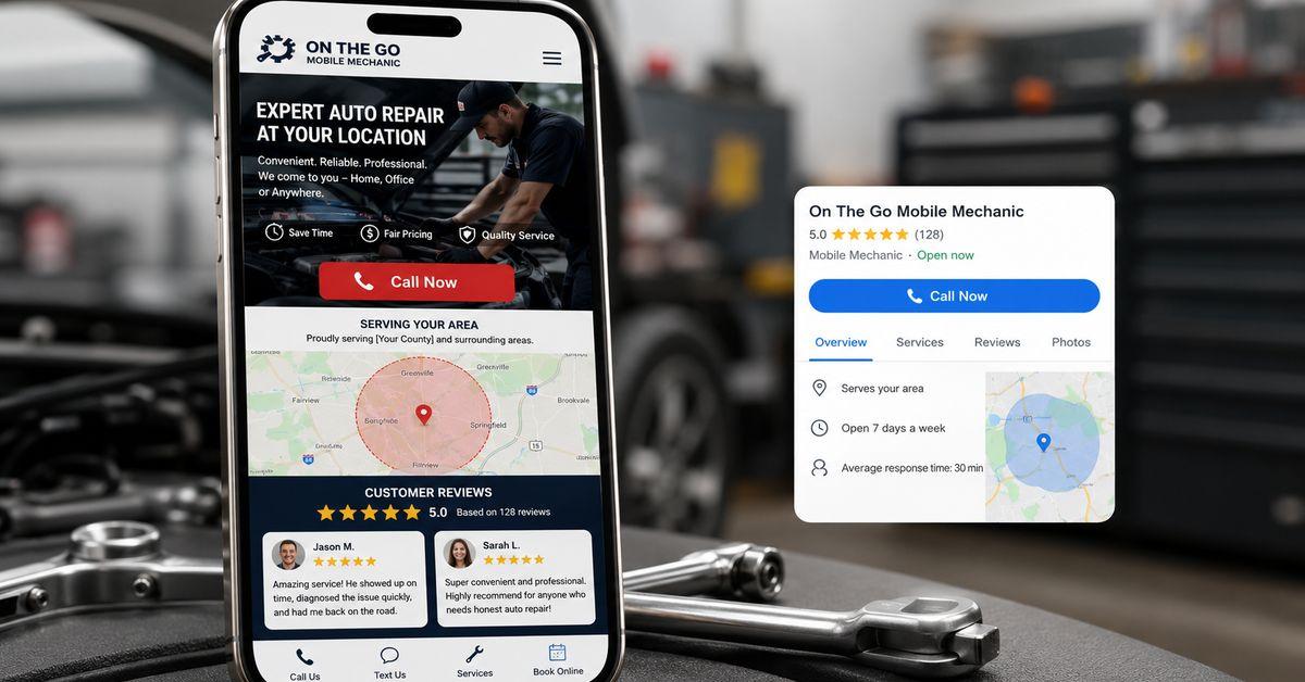 A phone showing a mobile mechanic website, Google map listing, star reviews, and a call button.